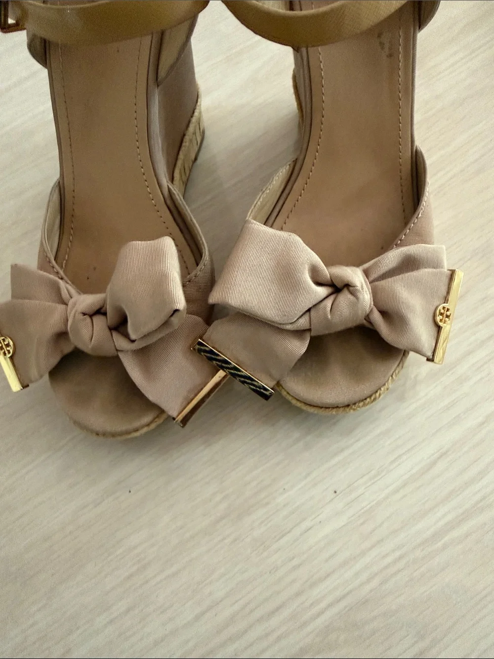 Tory Burch Neutral Bow Espadrille Slingback Wedges with Gold Trim